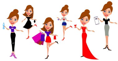 Beyaz arka plan üzerinde alışveriş torbaları kadınlarla çizgi film