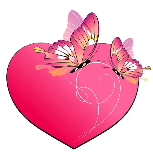 明亮的蝴蝶 粉色的心 白色背景 春天和爱情的概念隔离在一起 — 图库照片