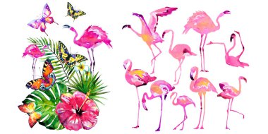 Kelebekli ve egzotik palmiye yapraklı güzel pembe flamingolar. 