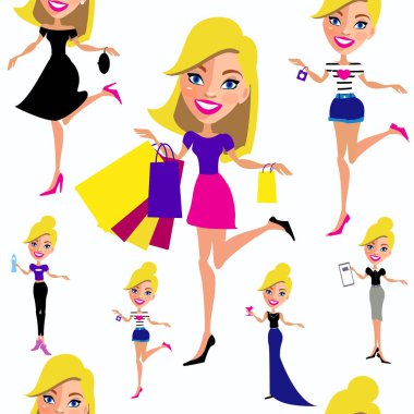 Beyaz arka planda izole edilmiş güzel sarışın oyuncak bebek koleksiyonu