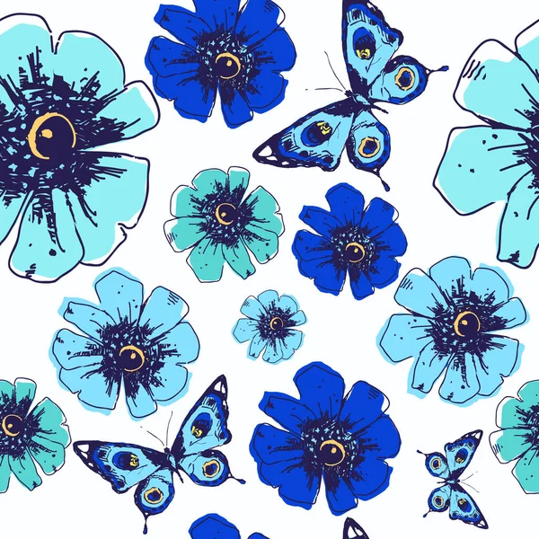 Patrón Hermoso Azul Flores Mariposas Sobre Fondo Blanco — Vector de stock