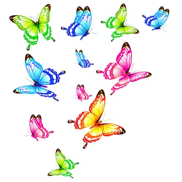 Conjunto Mariposas Colores Brillantes Aisladas Sobre Fondo Blanco Concepto Primavera — Archivo Imágenes Vectoriales