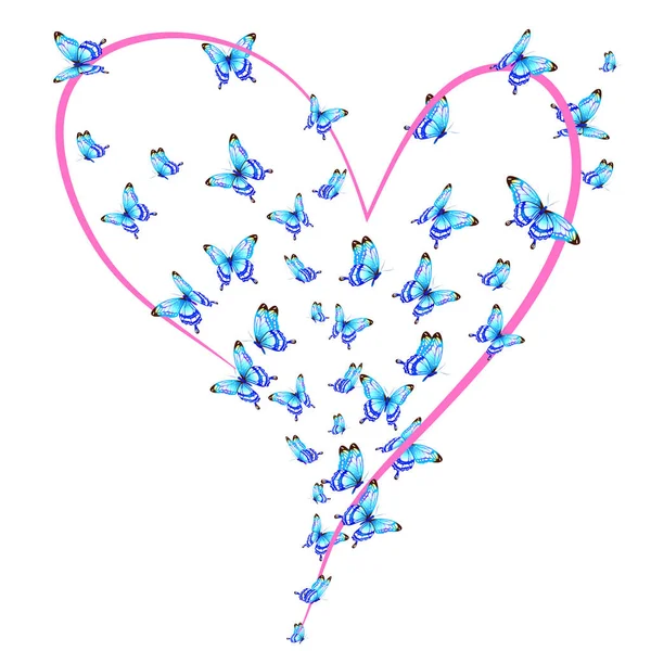 Uppsättning Ljusa Färgglada Fjärilar Med Rosa Hjärta Isolerad Vit Bakgrund — Stock vektor