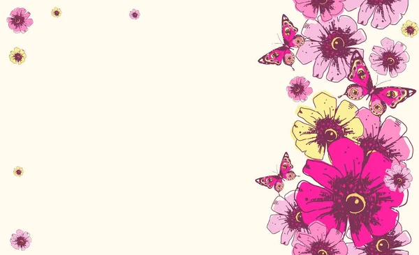 Mönster Med Vackra Rosa Blommor Och Fjärilar Pastell Bakgrund — Stockfoto