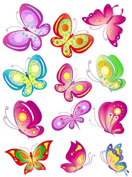 Conjunto Mariposas Colores Brillantes Aisladas Sobre Fondo Blanco Concepto Primavera —  Fotos de Stock