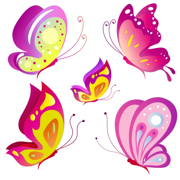 Ensemble Papillons Colorés Lumineux Isolés Sur Fond Blanc Concept Printemps — Image vectorielle