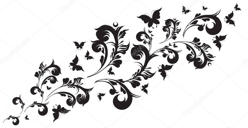 Set of black butterflies with plant isolated on white background, spring concept 