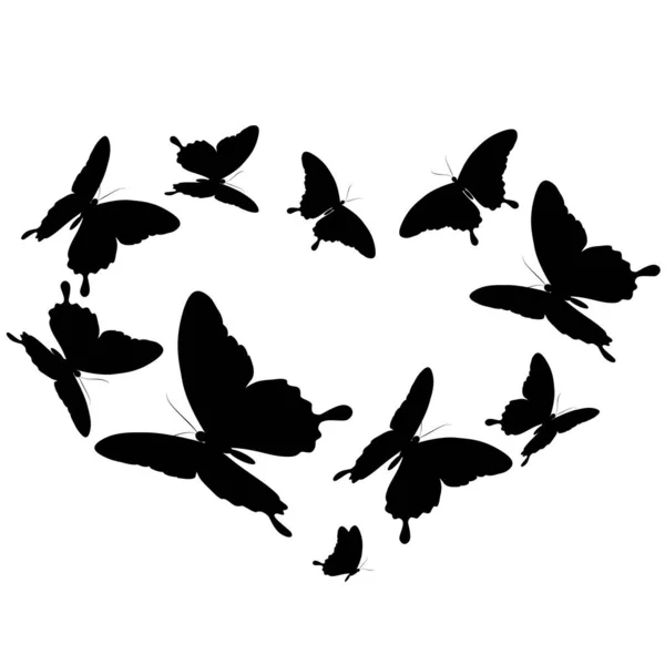 Mariposas Negras Voladoras Forma Corazón Aislado Sobre Fondo Blanco Vector — Vector de stock