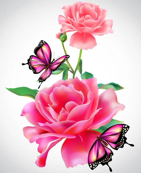 Hermosas Flores Rosadas Coloridas Mariposas Aisladas Sobre Fondo Blanco Concepto — Vector de stock