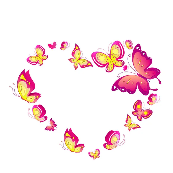 Flyga Färgglada Fjärilar Form Hjärta Isolerad Vit Bakgrund Vektor Illustration — Stockfoto