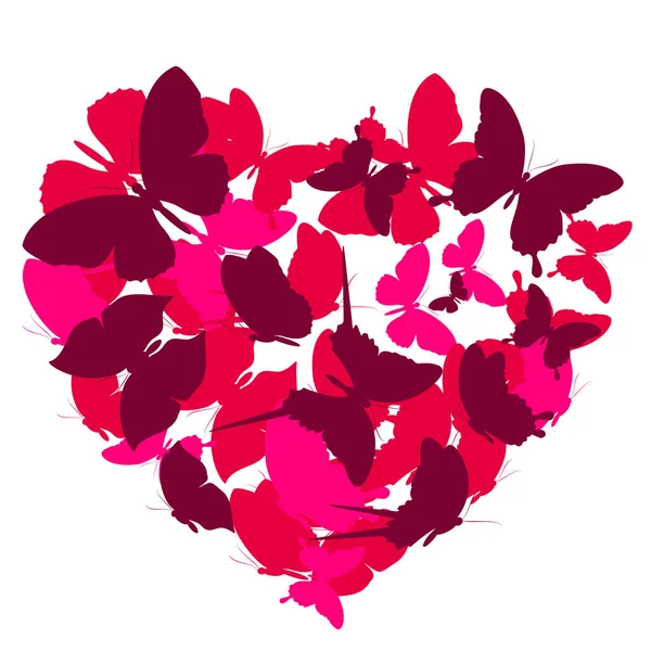 粉红飞舞的五彩斑斓的蝴蝶 以心灵的形式与白色背景 浪漫的概念隔离在一起 — 图库矢量图片