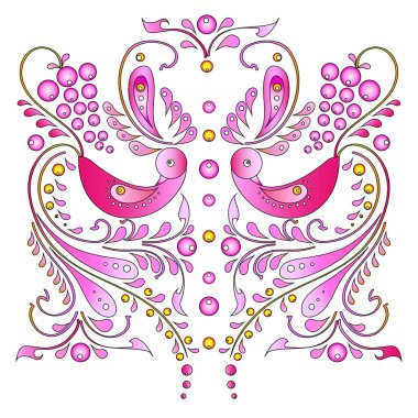 Beyaz arka planda izole edilmiş güzel kuşların olduğu renkli çiçek süsü.  