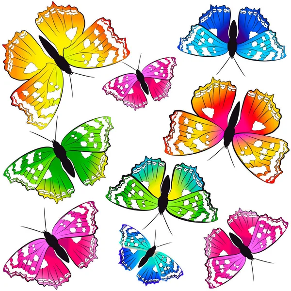 Ensemble Papillons Colorés Lumineux Isolés Sur Fond Blanc Concept Printemps — Photo