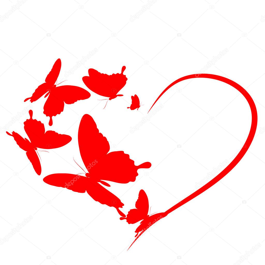 flying red butterflies in form of heart isolated on white background, vector, illustration, romantic concept 