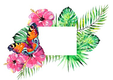 Parlak çiçekli tropik palmiye yaprakları ve beyaz arka planda izole edilmiş kelebekli boş kart notları, yaz zamanı konsepti 