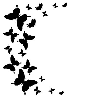Beyaz arka planda bir grup siyah kelebek, bahar konsepti 