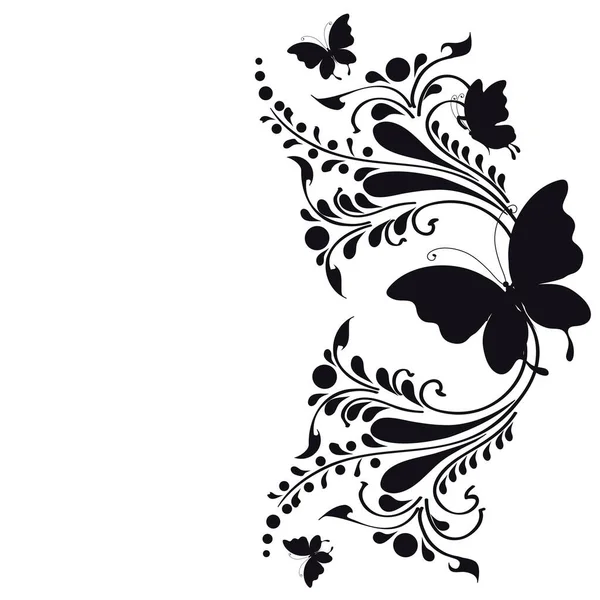 黒の美しい熱帯のヤシの葉と蝶 — ストックベクタ