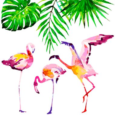 Beyaz arka planda izole edilmiş pembe flamingolu tropik palmiye yaprakları, yaz zamanı konsepti 