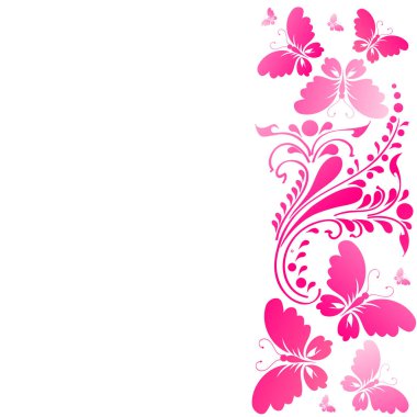 Pembe güzel tropikal palmiye yaprakları ve beyaz arka planda izole kelebekler.