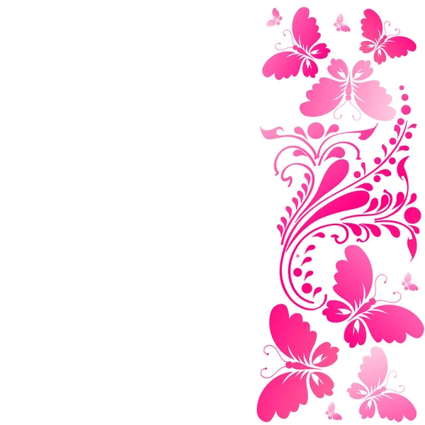 ピンクの美しい熱帯のヤシの葉と蝶が白い背景に隔離され — ストックベクタ