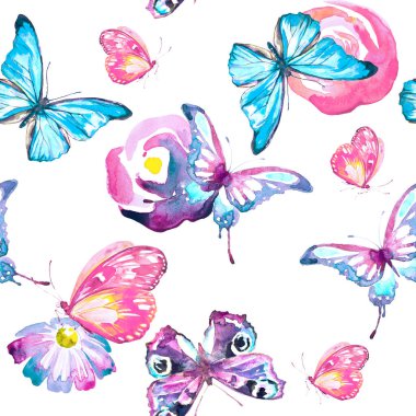 Beyaz arka planda izole edilmiş parlak renkli kelebekler, bahar konsepti 