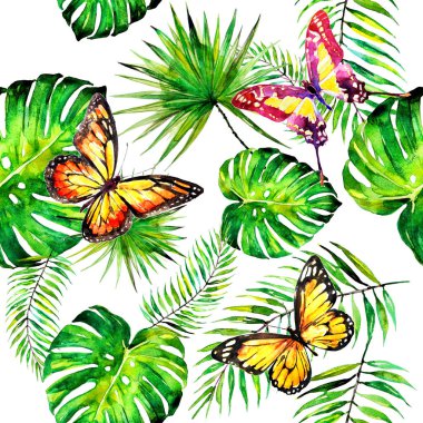 Beyaz arka planda izole edilmiş palmiye yaprakları ve güzel kelebekler.