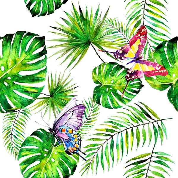 Mönster Palmblad Och Vackra Fjärilar Isolerad Vit Bakgrund — Stockfoto