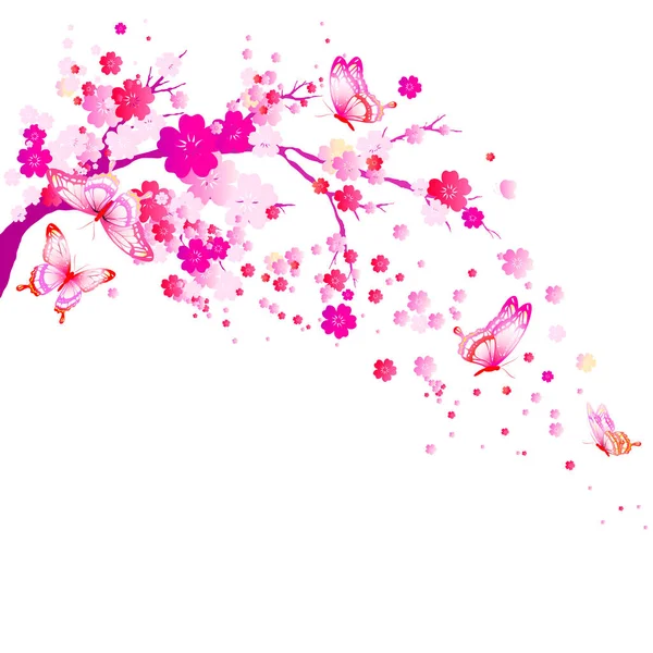 Roze Sakura Boom Tak Met Vlinders Lente Bloesem Concept — Stockvector