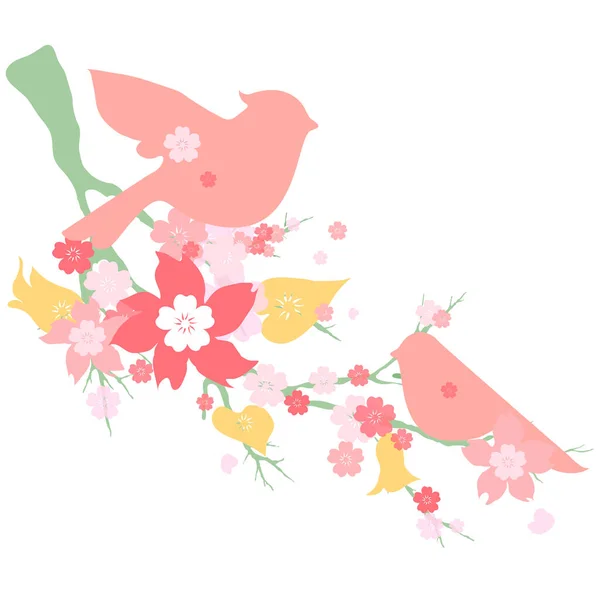 Mooie Kleurrijke Vogels Tak Met Bloemen Tegen Witte Achtergrond — Stockfoto