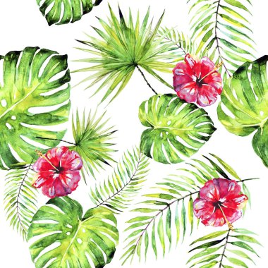 Beyaz arka planda izole edilmiş palmiye yaprakları ve tropik çiçeklerle desen