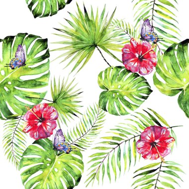 Palmiye yapraklı desen ve beyaz arka planda izole edilmiş kelebekli tropik çiçekler.