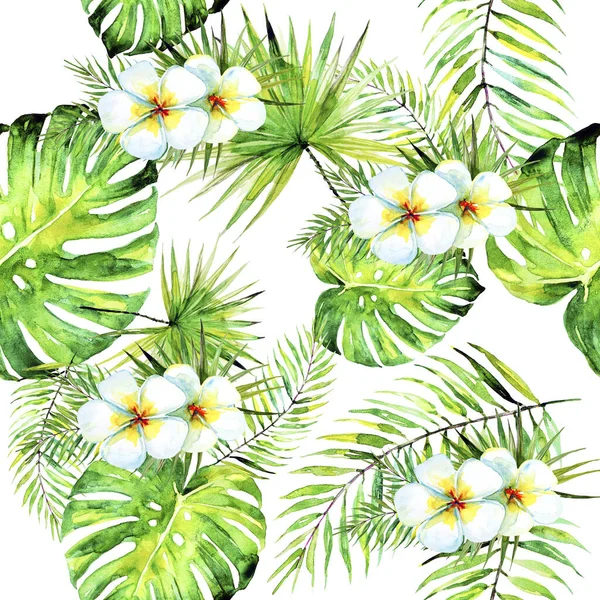 Vzor Palmovými Listy Tropické Květiny Izolované Bílém Pozadí — Stock fotografie