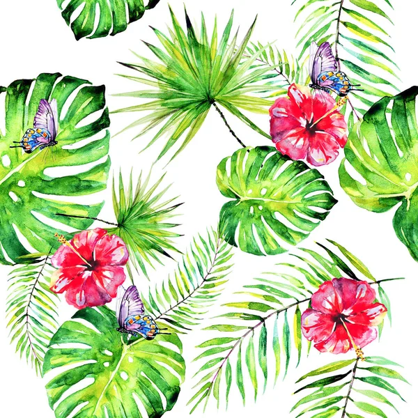 Pattern Palm Leaves Tropical Flowers Butterflies Isolated White Background — Stock Photo, Image