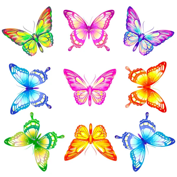 Farfalle Colorate Luminose Isolate Sfondo Bianco Concetto Primaverile — Vettoriale Stock