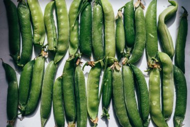 Güneşin parladığı bir masanın üzerine bir sürü bezelye kabuğu serilmişti.