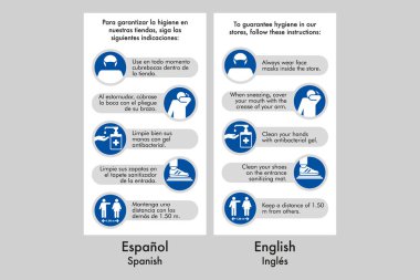 Mağazalarda hijyen, yeni normallik, müşteriler için belirtiler, mağazaların dışında poster, pankart ve grafik yapmak için ideal, yeni zorunlu düzenlemeler, İngilizce ve İspanyolca iki deyim.