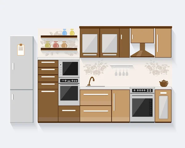 Cocina con muebles. Diseño moderno plano vector ilustración — Vector de stock