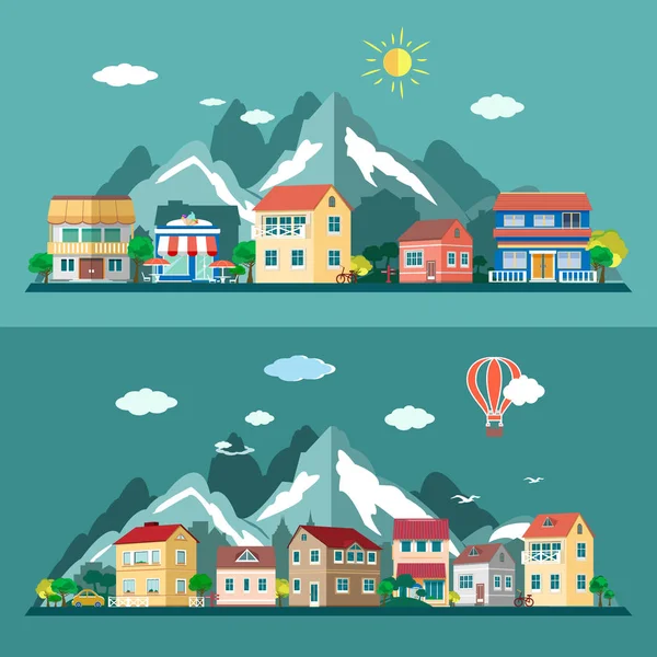 Diseño plano ciudad paisajes conjunto. Ilustración vectorial — Vector de stock