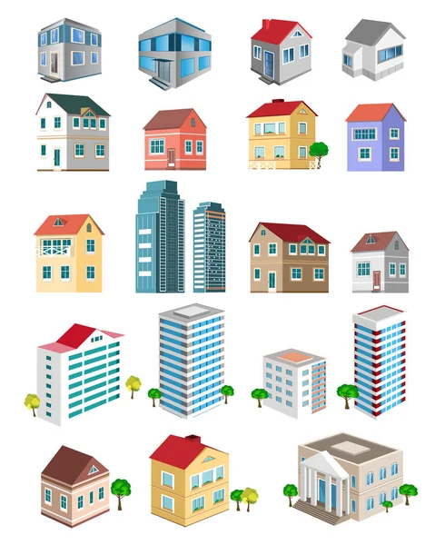 Conjunto de edificios detallados 3d con diferentes tipos de perspectiva — Vector de stock