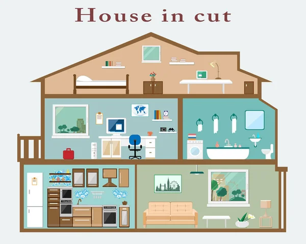 Casa en corte. Interior de estilo plano detallado — Vector de stock