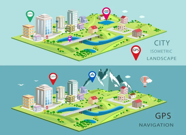 Paisajes isométricos con edificios urbanos, lagos, montañas — Vector de stock