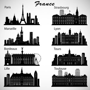 Fransa şehirler silüetini ayarlayın. Vector silhouettes 