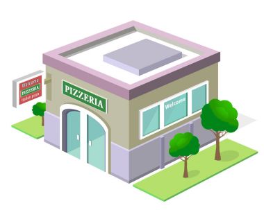 Vektör izometrik pizzacı bina 