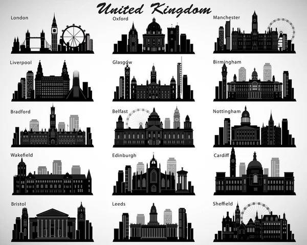 O horizonte das cidades britânicas está definido. Sílhuetas vetoriais. Reino Unido —  Vetores de Stock