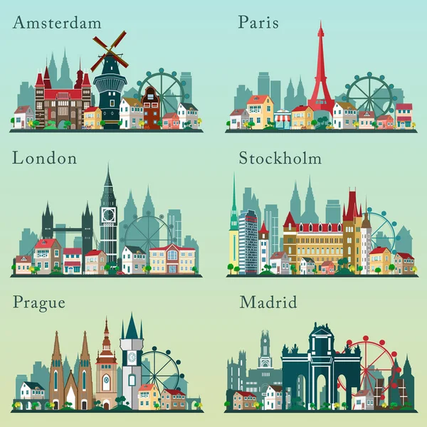 Ciudades horizonte establecido. Vector paisajes planos. Ciudades europeas paisajes urbanos — Archivo Imágenes Vectoriales