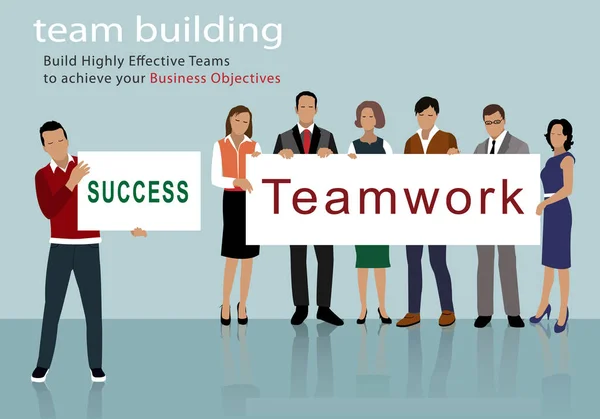 Flat design of business people group holding posters. Teamwork