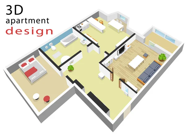 3D Isometrische vloerplan voor appartement. Vecto illustratie van moderne isometrische interieur. — Stockvector