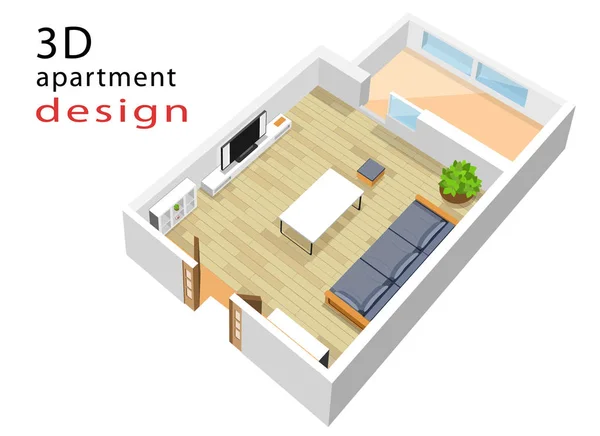 3d plano de planta isométrica para apartamento. Ilustración Vecto del interior moderno del salón isométrico . — Vector de stock