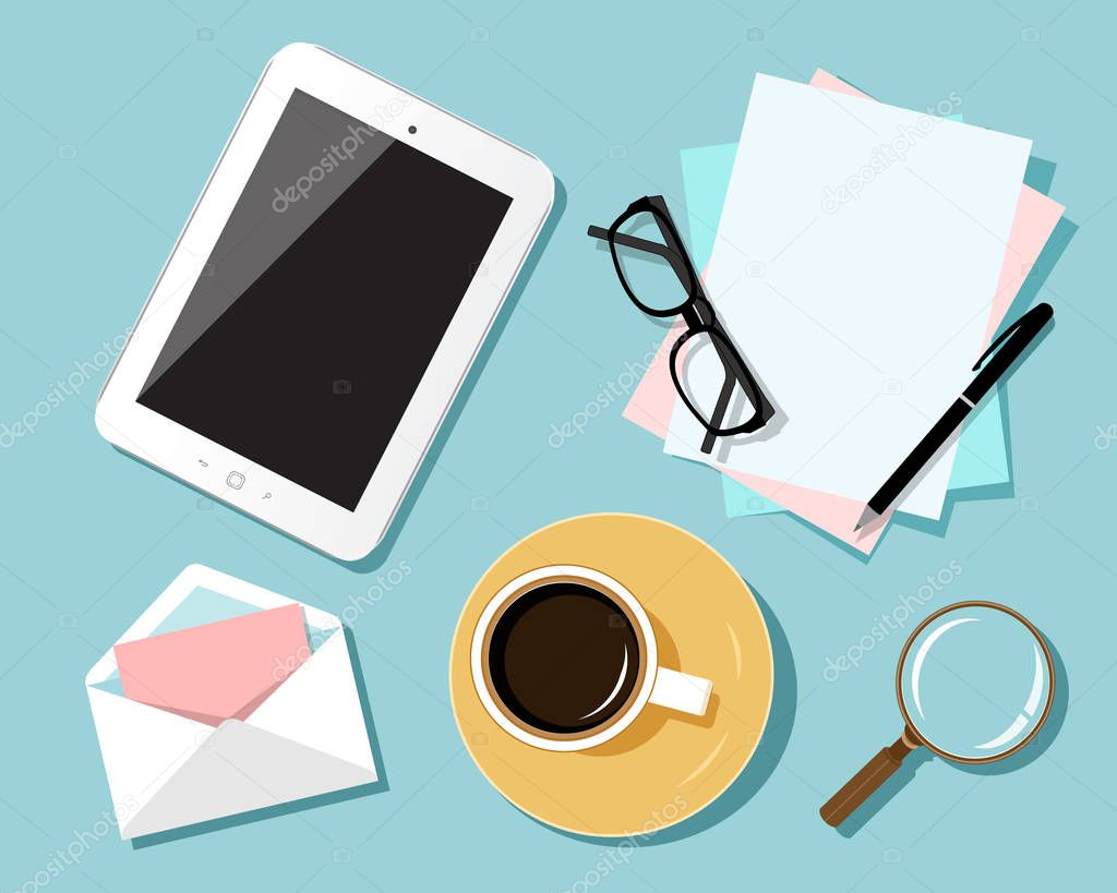 Flat design concept of business workplace. Top view of table with digital tablet, papers, office objects with shadows. 