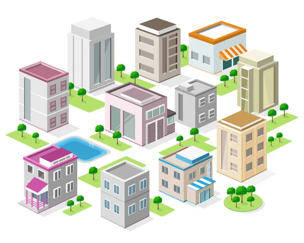 Set de clădiri isometrice detaliate ale orașului. 3d oraș izometric vector — Vector de stoc